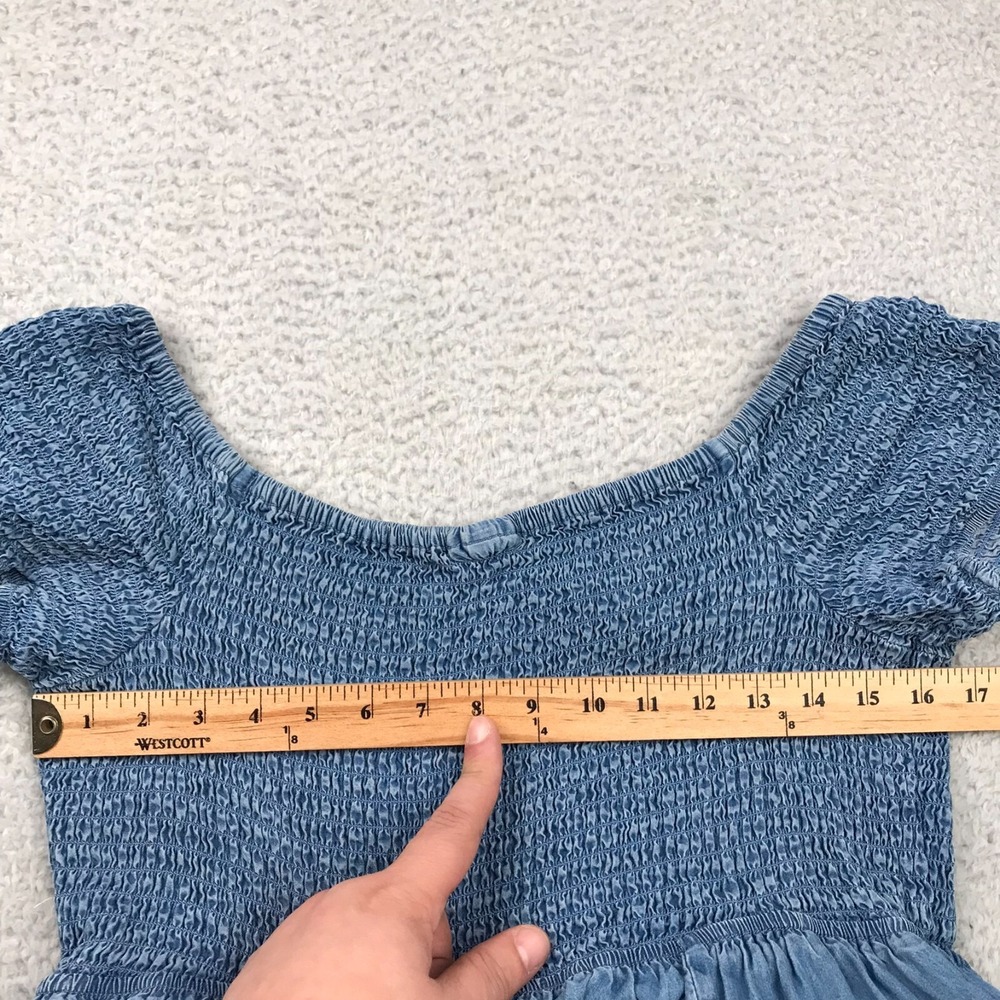 Torrid Off Shoulder Smocked Skater Dress Womens 2X Blue Chambray Lyocell Pockets - Picture 9 of 11